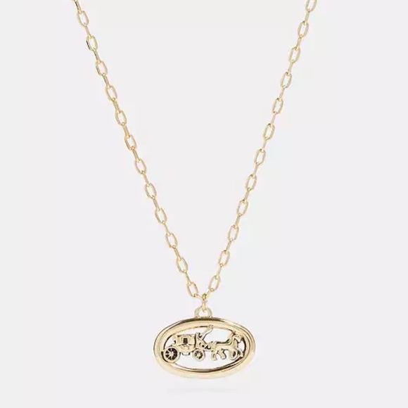 Coach Horse & Carriage Oval Necklace - Gold Tone Classic Coach Adjustable Jewely - Picture 1 of 11